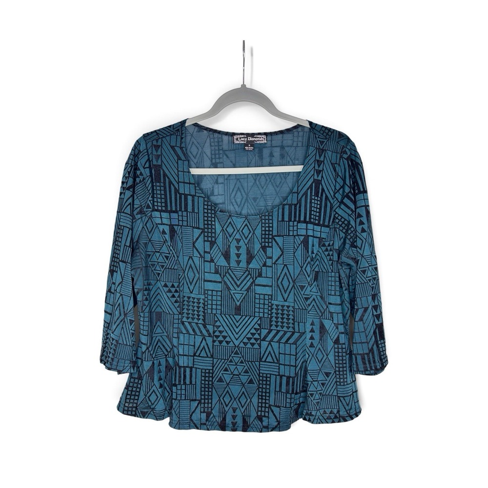 Lucy Diamonds Womens 1X Top Teal Black Velvet Burnout Geometric 3/4 Sleeve Top⁠